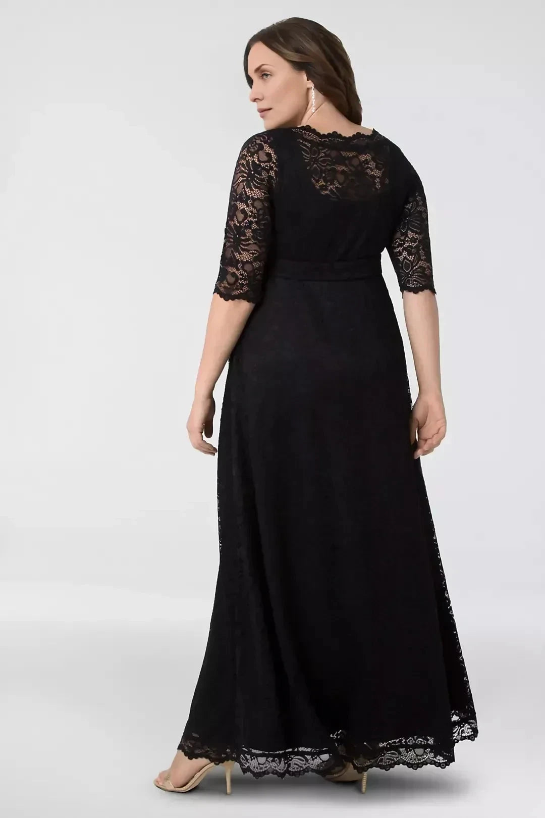 Plus Size Sophisticated A Line Crew Neck Three Quarter Sleeve Lace Back Floor Length Mother of the Bride Dress by YiHuiw