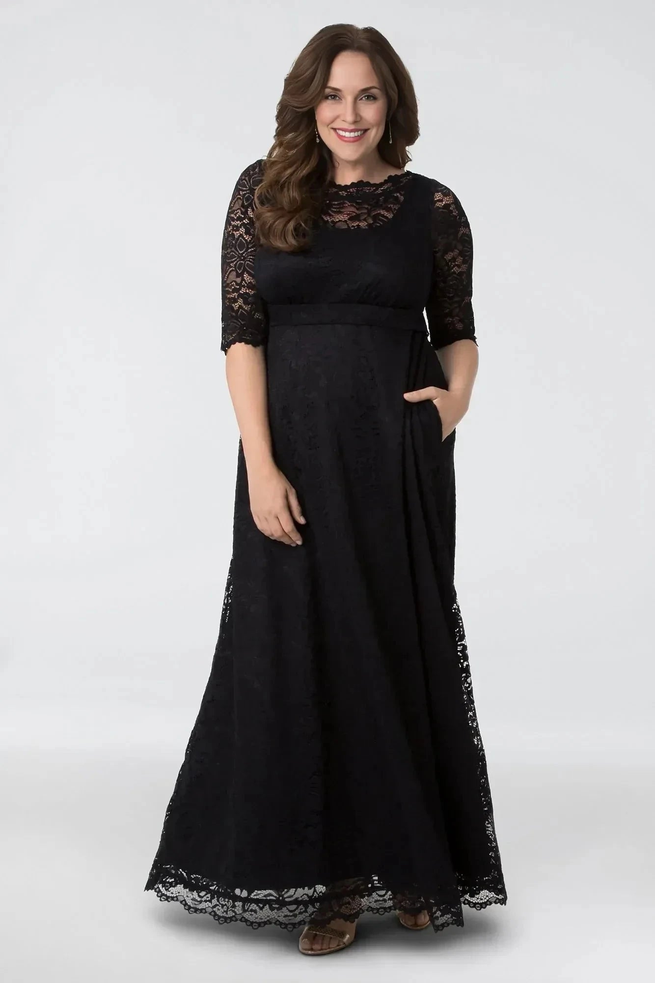 Plus Size Sophisticated A Line Crew Neck Three Quarter Sleeve Lace Back Floor Length Mother of the Bride Dress by YiHuiw
