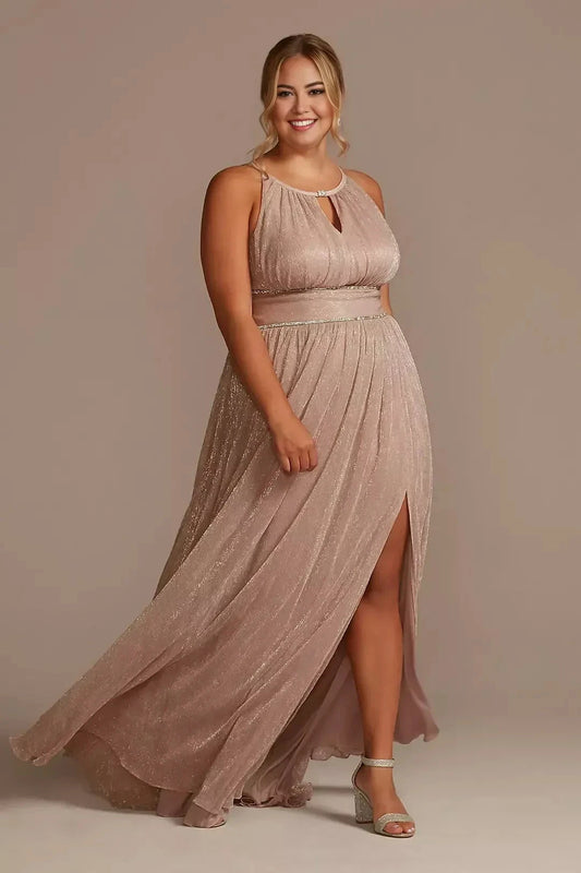 Plus Size Splendid A Line Halter Neck Sleeveless Keyhole Back Floor Length Mother of the Bride Dress by YiHuiw