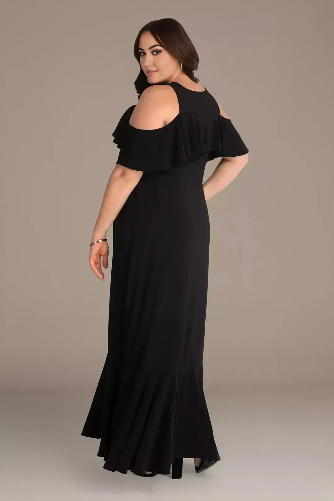 Plus Size Stylish A Line Cold Shoulder Ruffle Sleeve Plain Back Floor Length Mother of the Bride Dress by YiHuiw