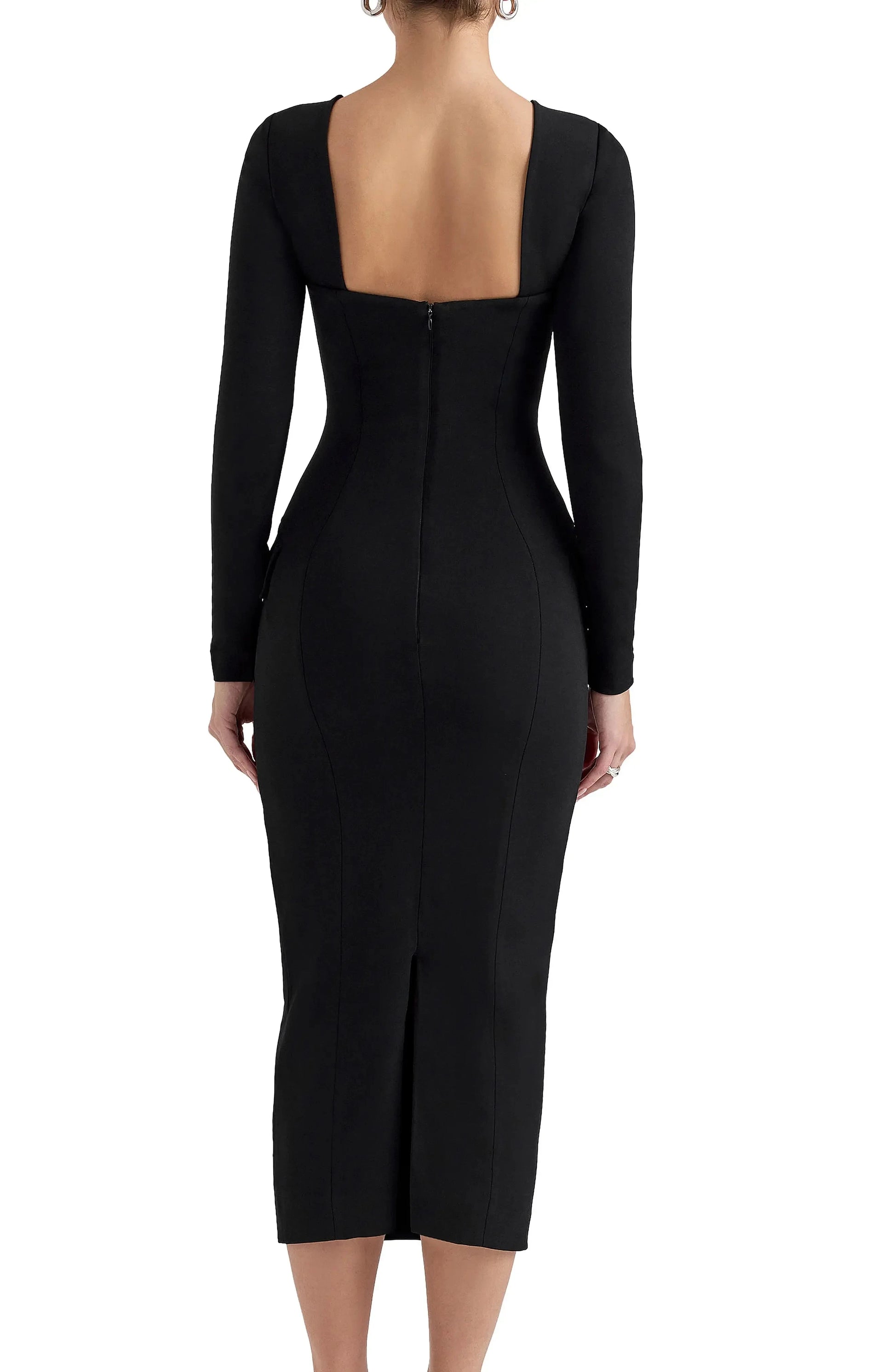 Pocket Detailed Sheath Sweetheart Neck Long Sleeve Square Back Midi Length For Adults Evening Dress by YiHuiw