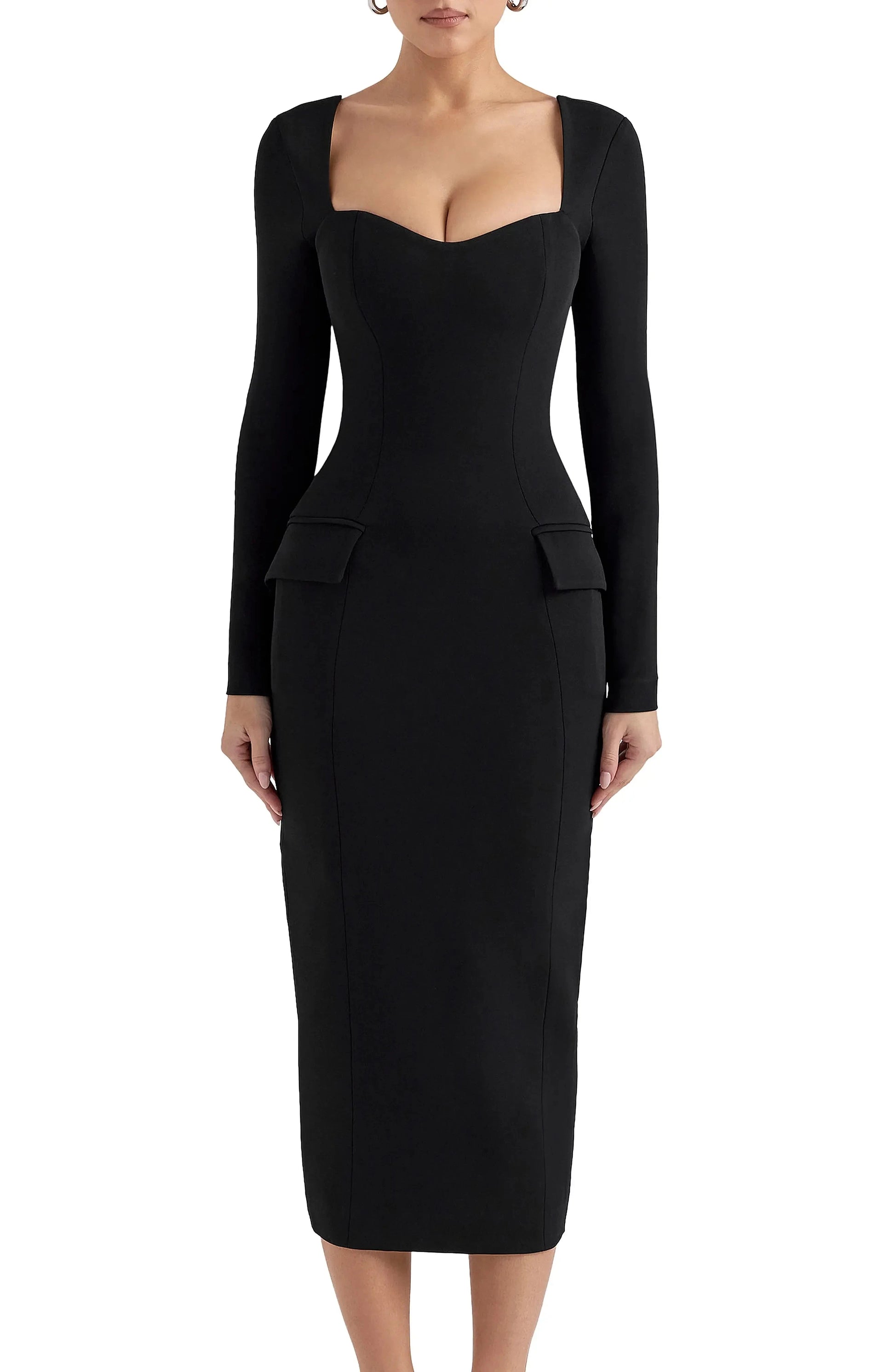 Pocket Detailed Sheath Sweetheart Neck Long Sleeve Square Back Midi Length For Adults Evening Dress by YiHuiw