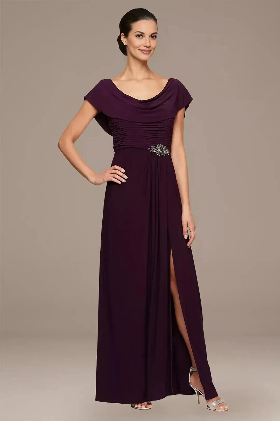 Polished A Line Cowl Neck Cap Sleeve Ruched Back Floor Length Mother of the Bride Dress by YiHuiw