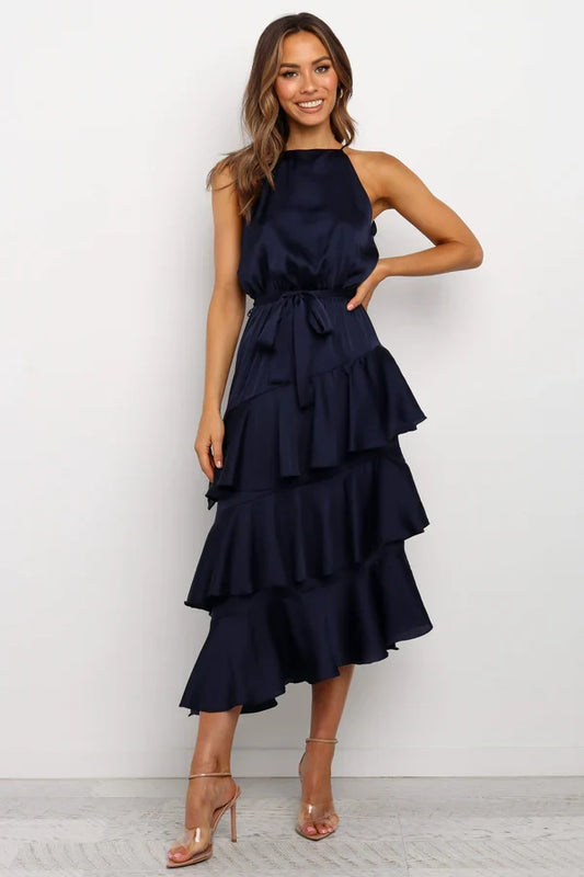 Halter Satin Ruffled Midi Wedding Dress - Yihuiw by Yihuiw