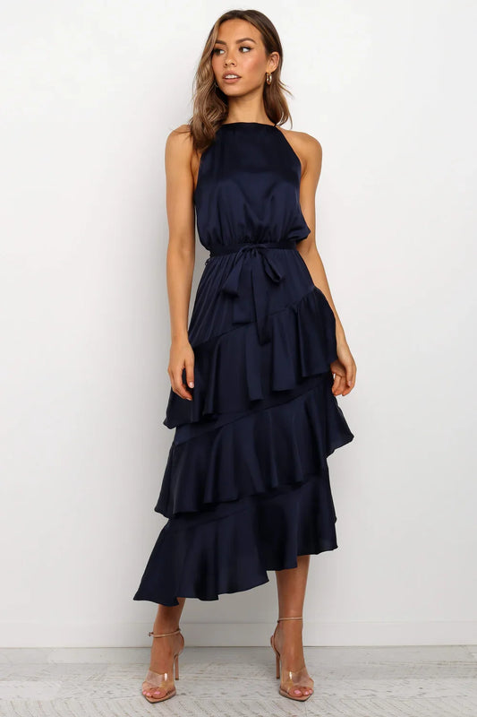 Halter Satin Ruffled Midi Wedding Dress - Yihuiw by Yihuiw