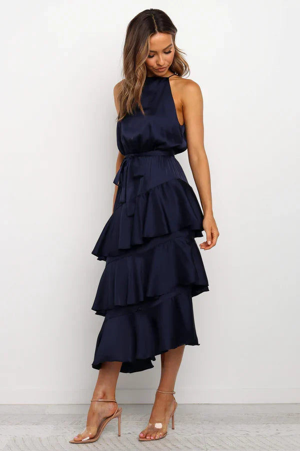 Halter Satin Ruffled Midi Wedding Dress - Yihuiw by Yihuiw