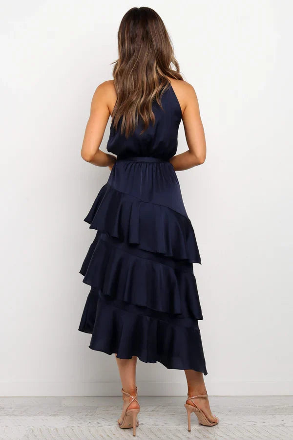 Halter Satin Ruffled Midi Wedding Dress - Yihuiw by Yihuiw