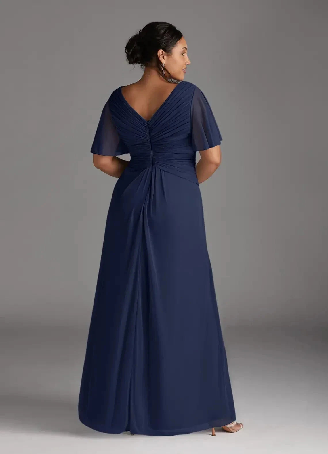 Polished Plus Size A Line V Neck Flutter Sleeve Pleated Back Floor Length Mother of the Bride Dress by YiHuiw