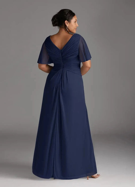 Polished Plus Size A Line V Neck Flutter Sleeve Pleated Back Floor Length Mother of the Bride Dress by YiHuiw