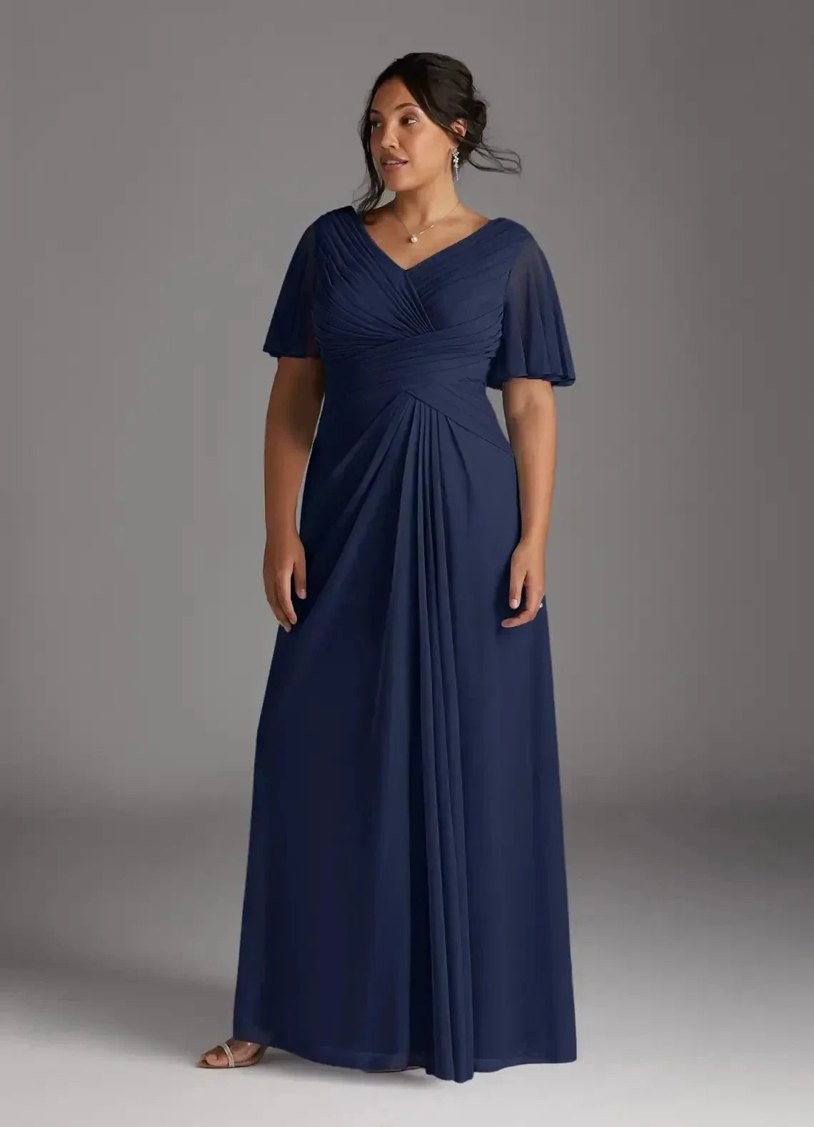 Polished Plus Size A Line V Neck Flutter Sleeve Pleated Back Floor Length Mother of the Bride Dress by YiHuiw