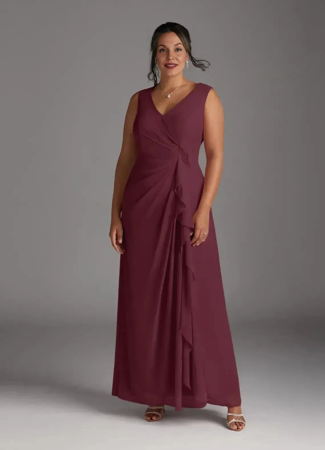 Polished Plus Size A Line V Neck Sleeveless Ruched Back Floor Length Mother of the Bride Dress with Chiffon Jacket by YiHuiw