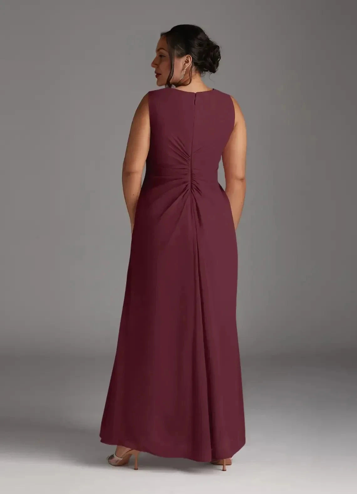 Polished Plus Size A Line V Neck Sleeveless Ruched Back Floor Length Mother of the Bride Dress with Chiffon Jacket by YiHuiw