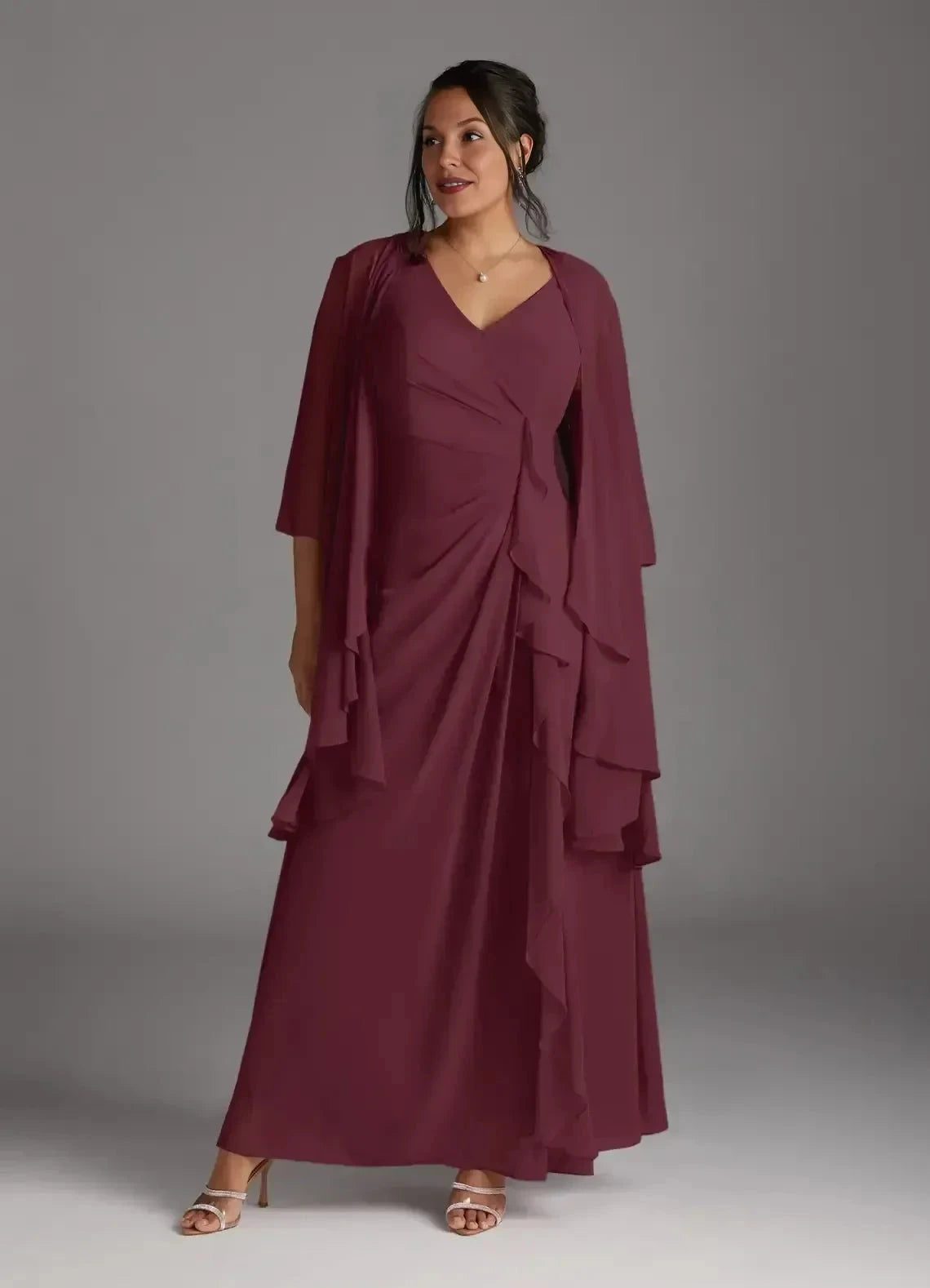 Polished Plus Size A Line V Neck Sleeveless Ruched Back Floor Length Mother of the Bride Dress with Chiffon Jacket by YiHuiw