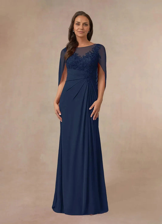 Polished Sheath Boat Neck Cape Sleeve Lace Back Floor Length Mother of the Bride Dress by YiHuiw
