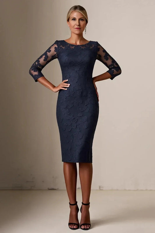 Polished Sheath Boat Neck Three Quarter Sleeve Lace Back Knee Length Mother of the Bride Dress by YiHuiw