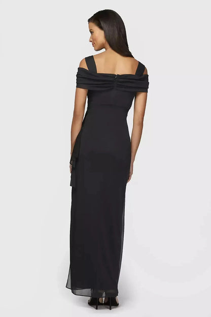 Polished Sheath Cold Shoulder Cap Sleeve Ruched Back Floor Length Mother of the Bride Dress by YiHuiw