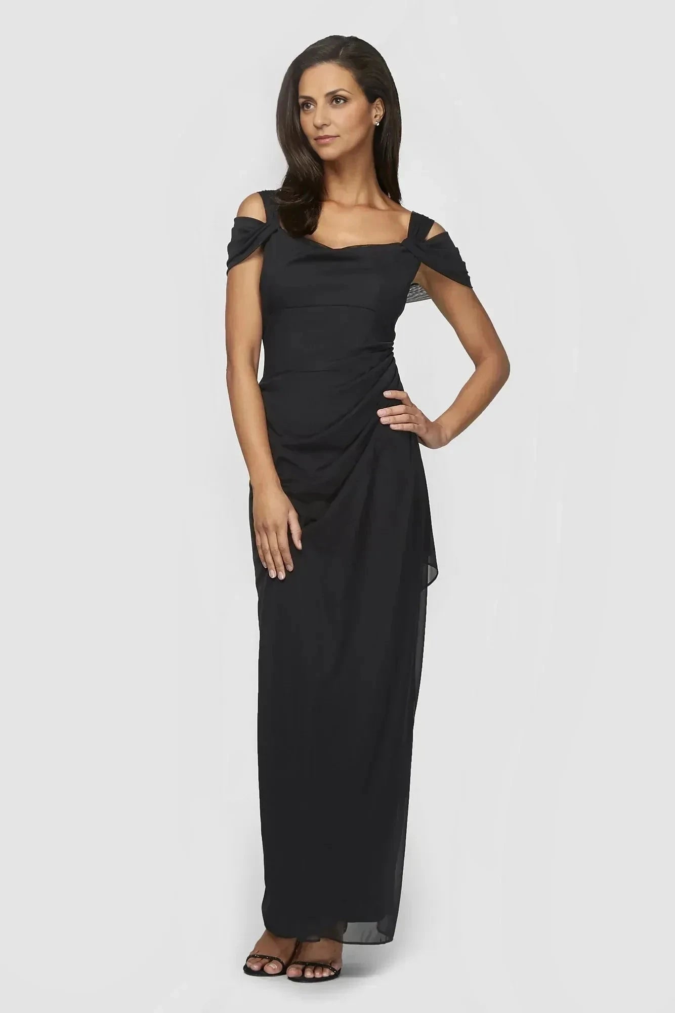 Polished Sheath Cold Shoulder Cap Sleeve Ruched Back Floor Length Mother of the Bride Dress by YiHuiw