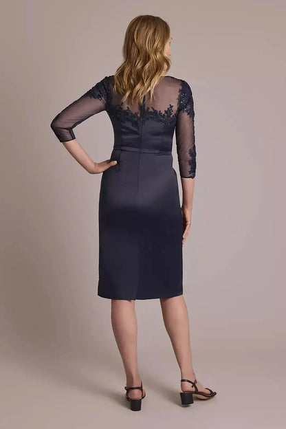Polished Sheath Illusion Neck Three Quarter Sleeve Lace Back Midi Length Mother of the Bride Dress by YiHuiw