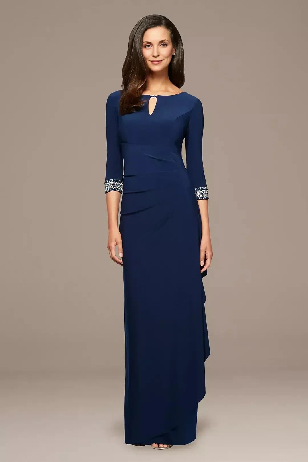 Polished Sheath Keyhole Neck Three Quarter Sleeve Beaded Cuff Back Floor Length Mother of the Bride Dress by YiHuiw