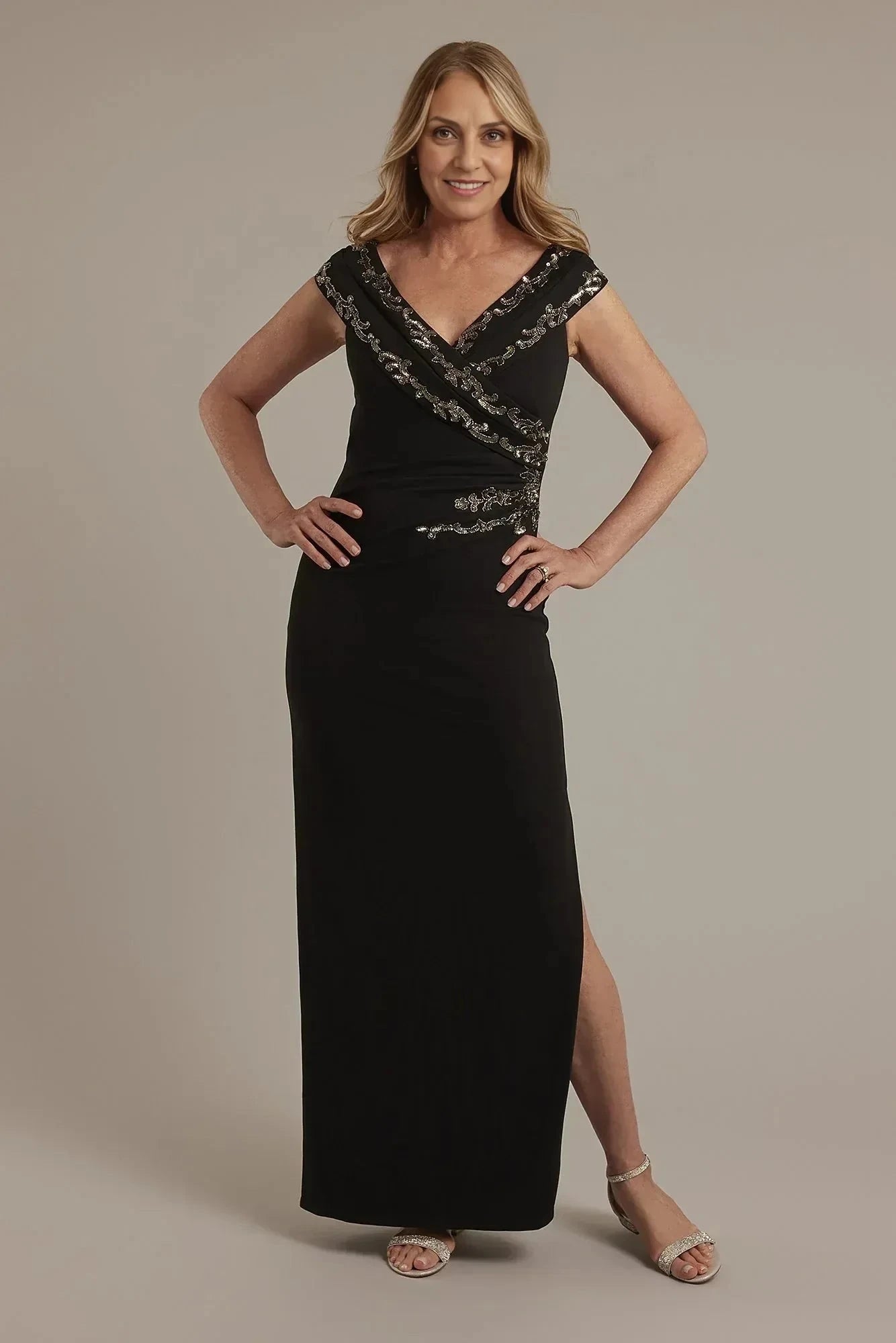 Polished Sheath V Neck Sleeveless Beaded Back Floor Length Mother of the Bride Dress by YiHuiw