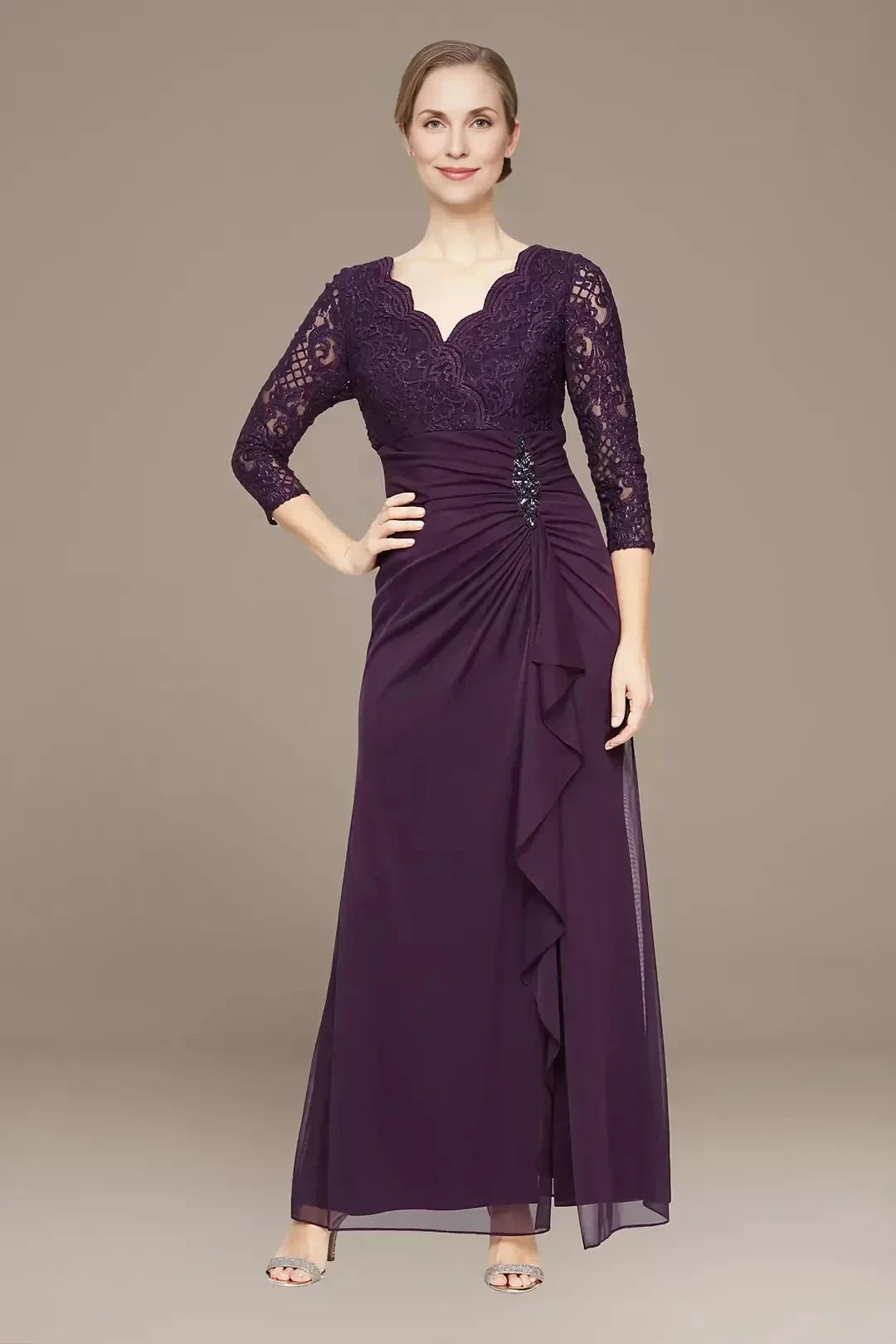 Polished Sheath V Neck Three Quarter Sleeve Lace Back Floor Length Mother of the Bride Dress by YiHuiw