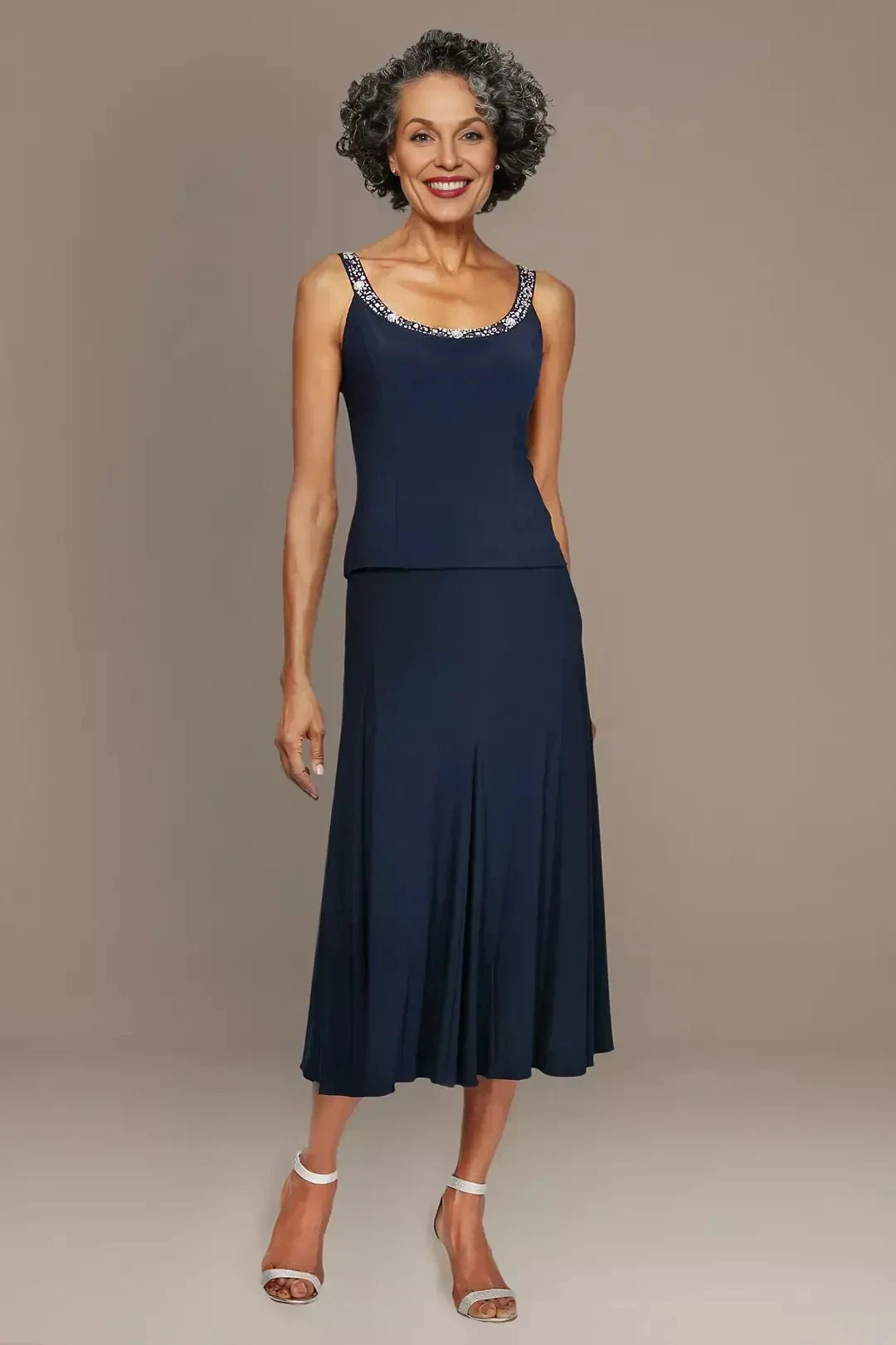 Polished Three Piece Scoop Neck Three Quarter Sleeve Plain Back Midi Length Mother of the Bride Dress by YiHuiw