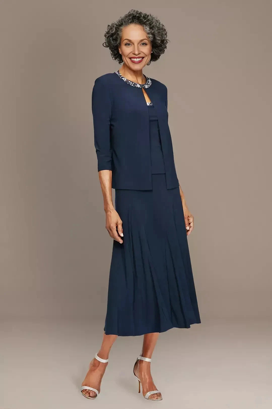 Polished Three Piece Scoop Neck Three Quarter Sleeve Plain Back Midi Length Mother of the Bride Dress by YiHuiw