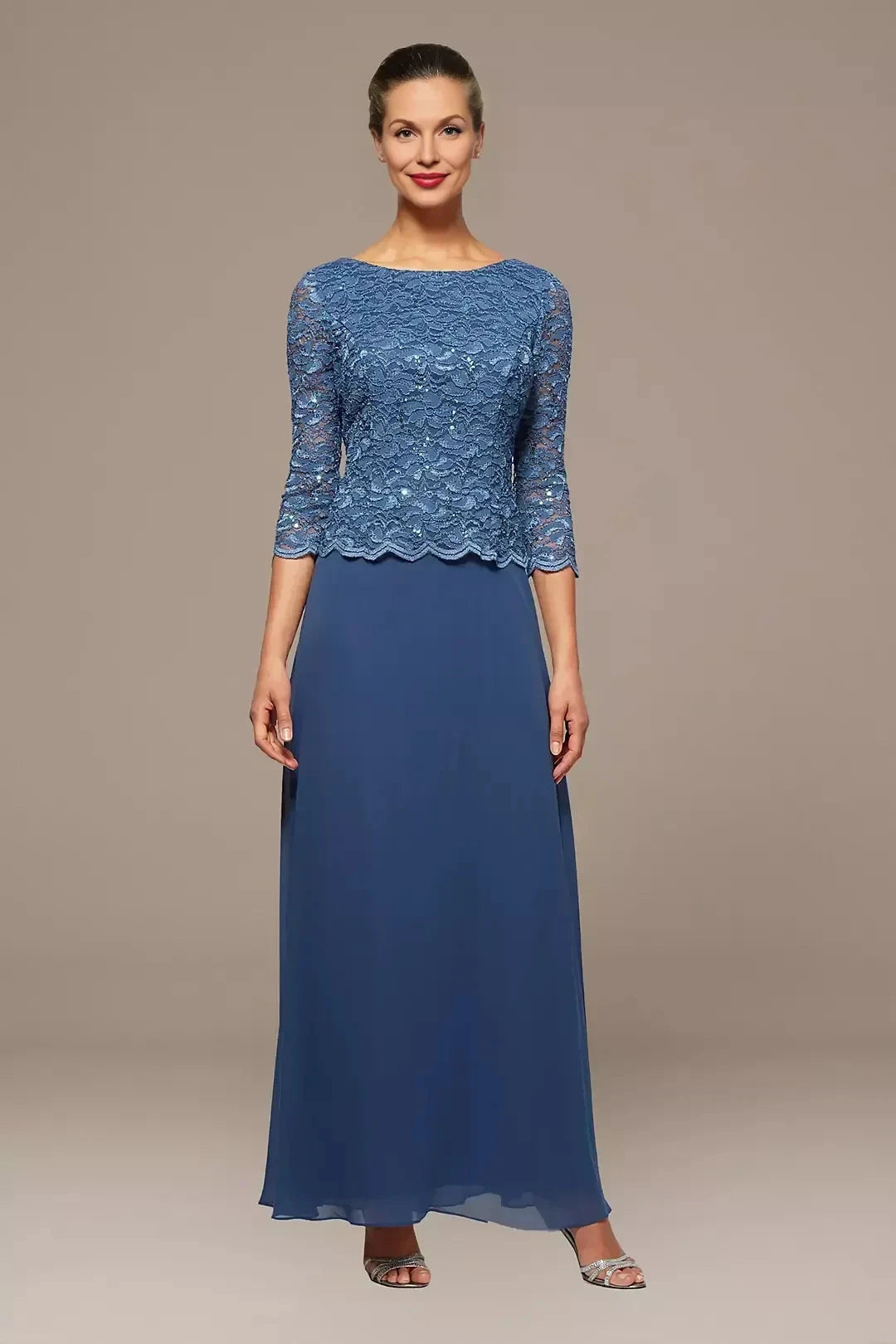 Polished Two Piece Boat Neck Three Quarter Sleeve Lace Back Floor Length Mother of the Bride Dress by YiHuiw