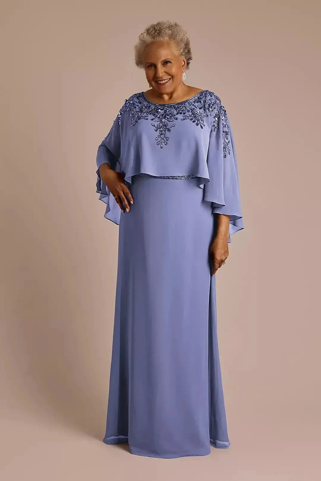 Polished Two Piece Crew Neck Cape Sleeve Beaded Back Floor Length Mother of the Bride Dress by YiHuiw