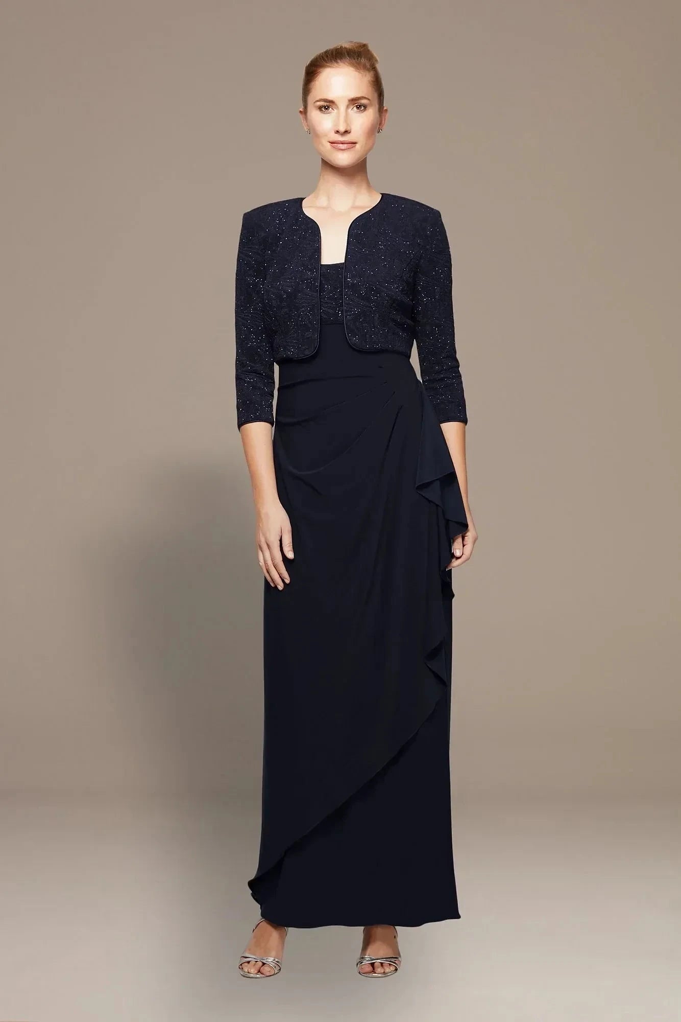 Polished Two Piece Scoop Neck Three Quarter Sleeve Plain Back Floor Length Mother of the Bride Dress by YiHuiw