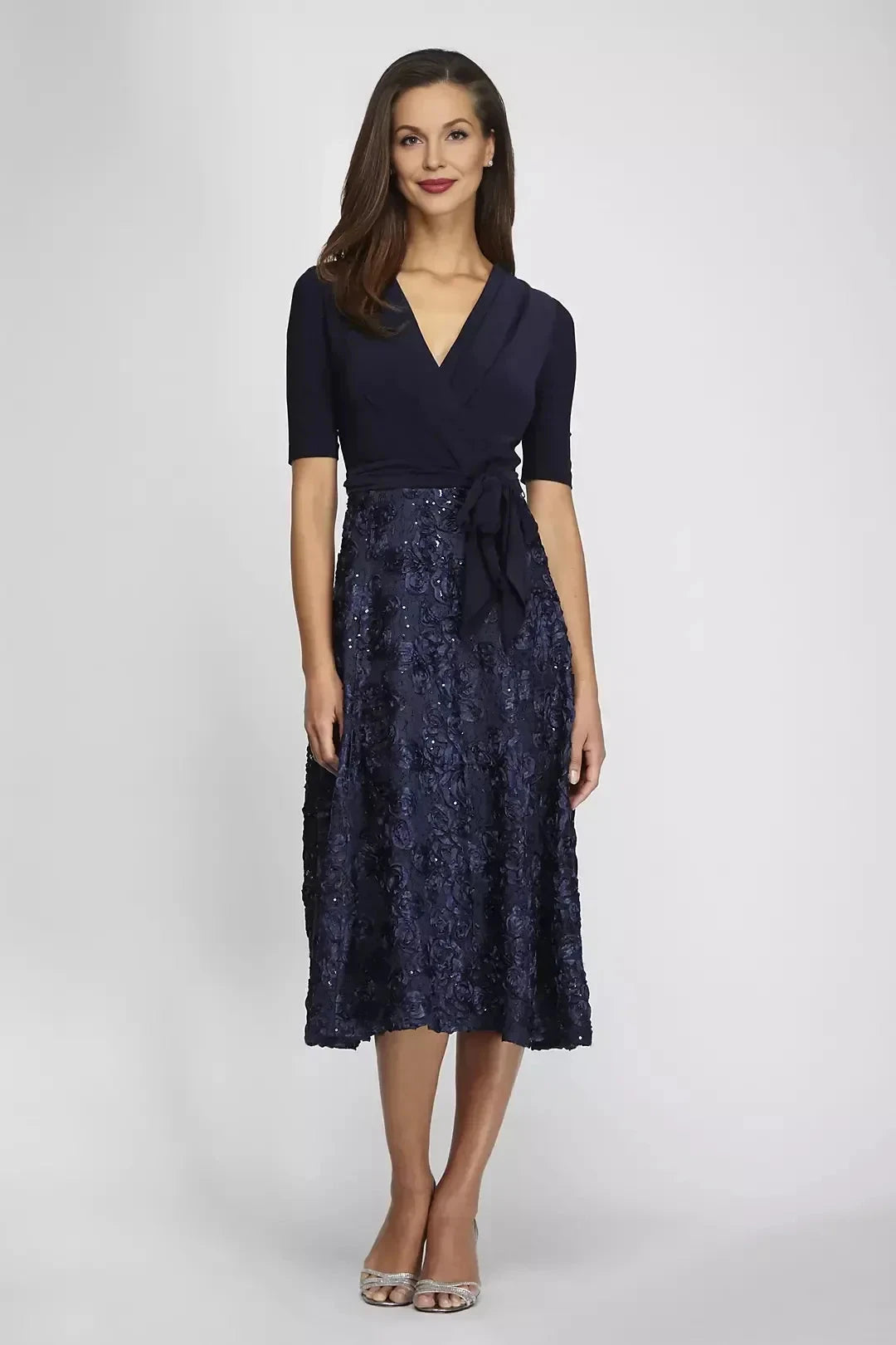Polished Two Piece V Neck Three Quarter Sleeve Sequin Back Midi Length Mother of the Bride Dress by YiHuiw