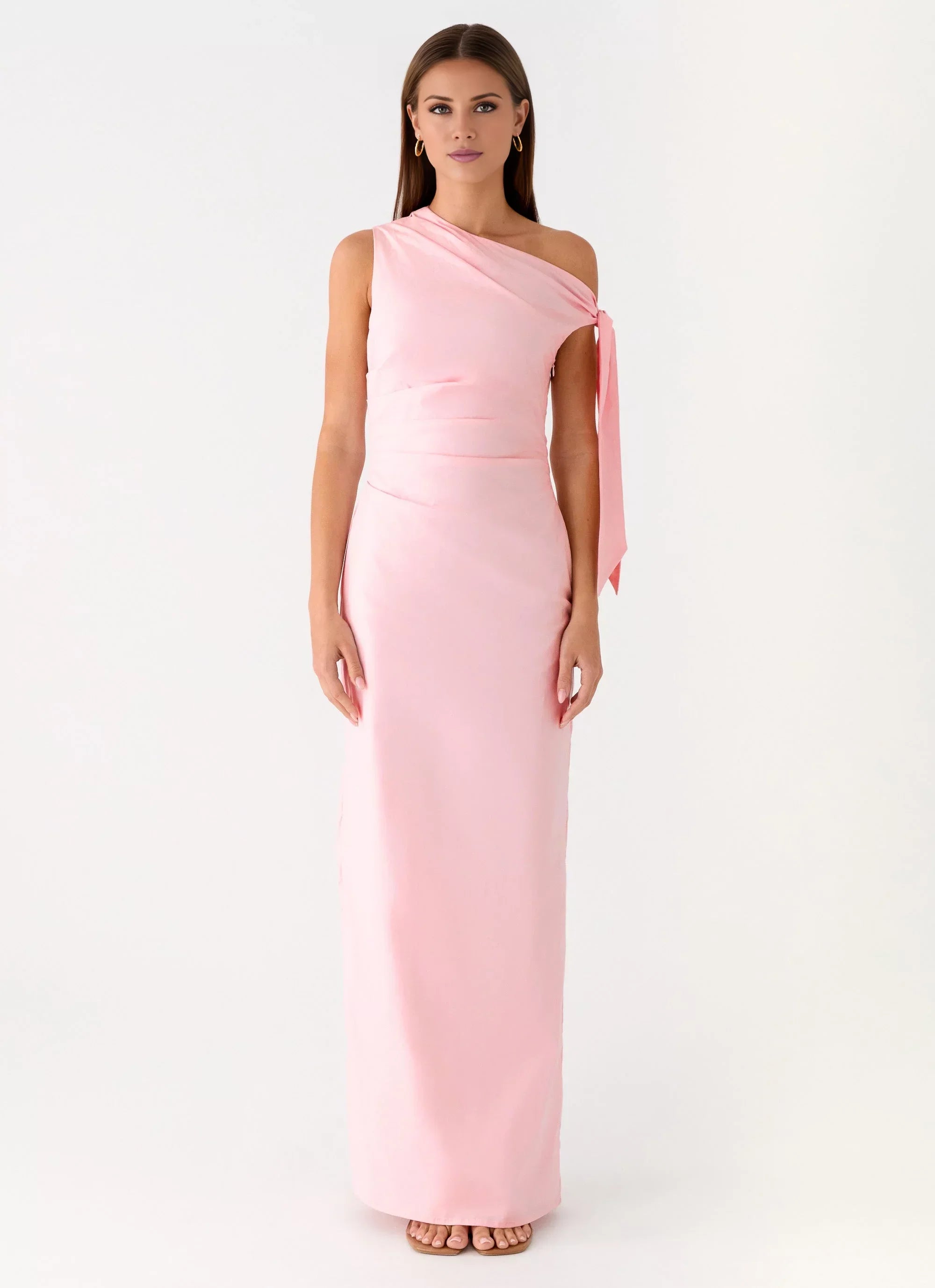 Polished One-Shoulder Neck Sleeveless Tie-Detail Satin Floor-Length Prom Dress
