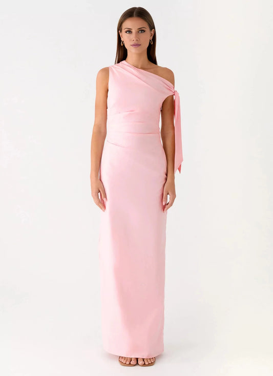 Polished One-Shoulder Neck Sleeveless Tie-Detail Satin Floor-Length Prom Dress by YiHuiw