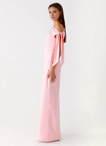 Polished One-Shoulder Neck Sleeveless Tie-Detail Satin Floor-Length Prom Dress by YiHuiw