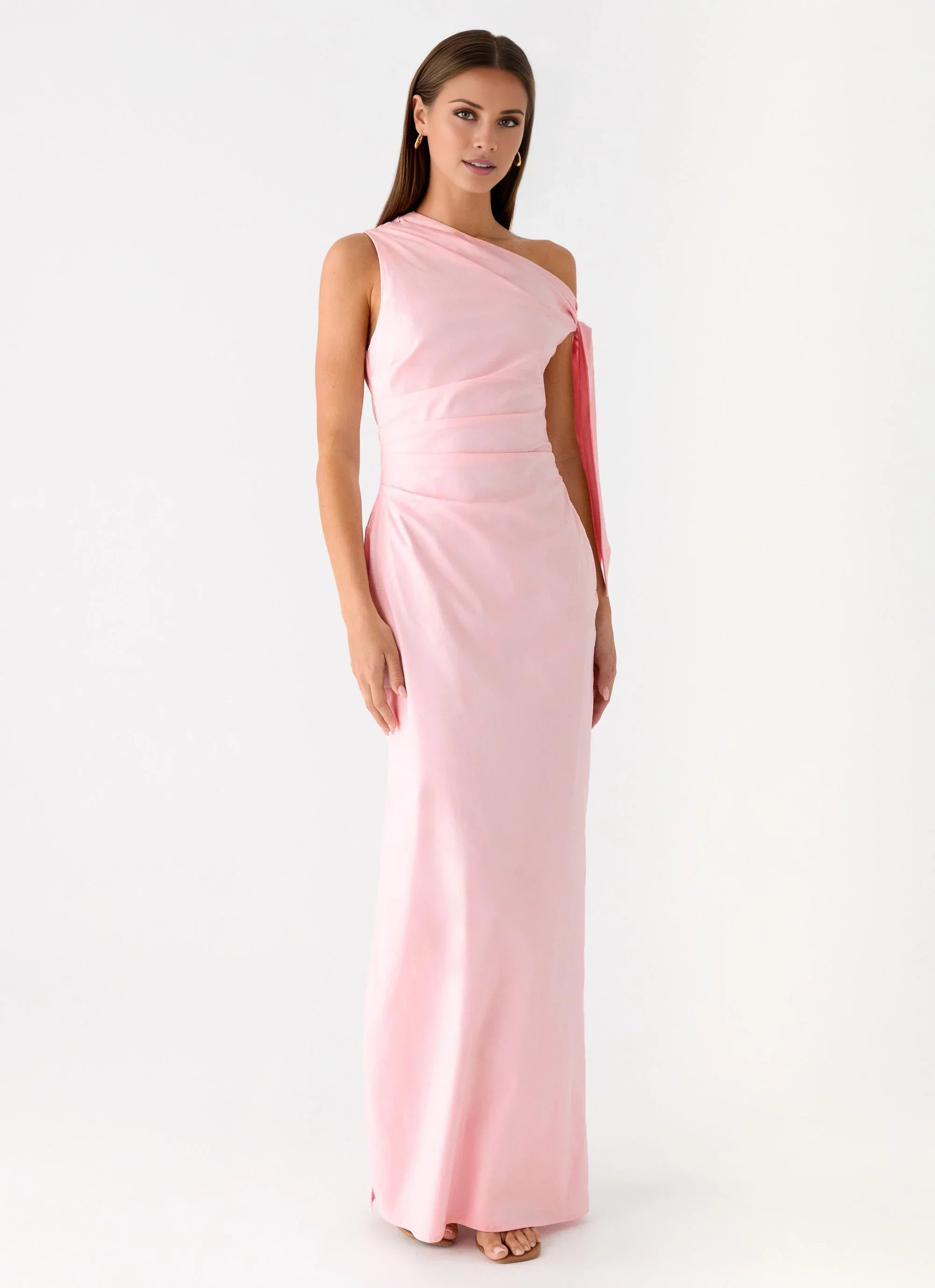 Polished One-Shoulder Neck Sleeveless Tie-Detail Satin Floor-Length Prom Dress