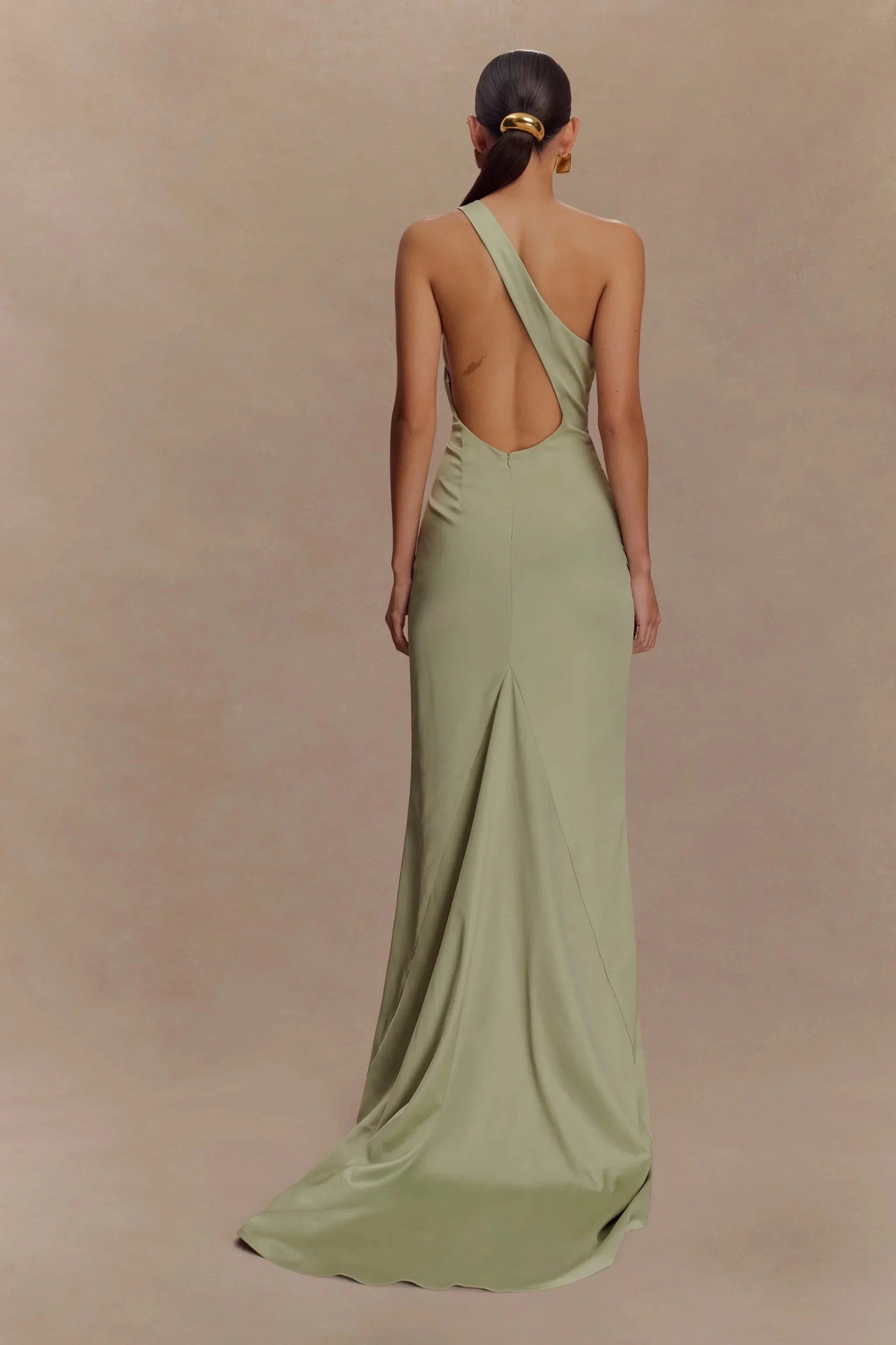 Polished Satin One-Shoulder Neck Cut-Out Train Back Zip Floor-Length Evening Dress by YiHuiw