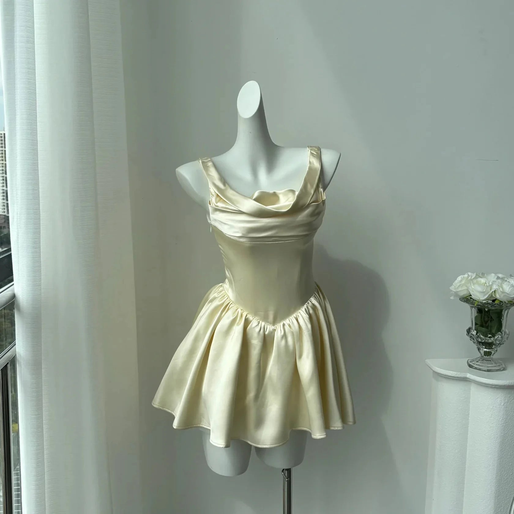 Pretty A line Square Neck Champagne Satin Formal Homecoming Dresses Short 16th Birthday Outfits Graduation Dress Mini Cocktail Dresses by YiHuiw
