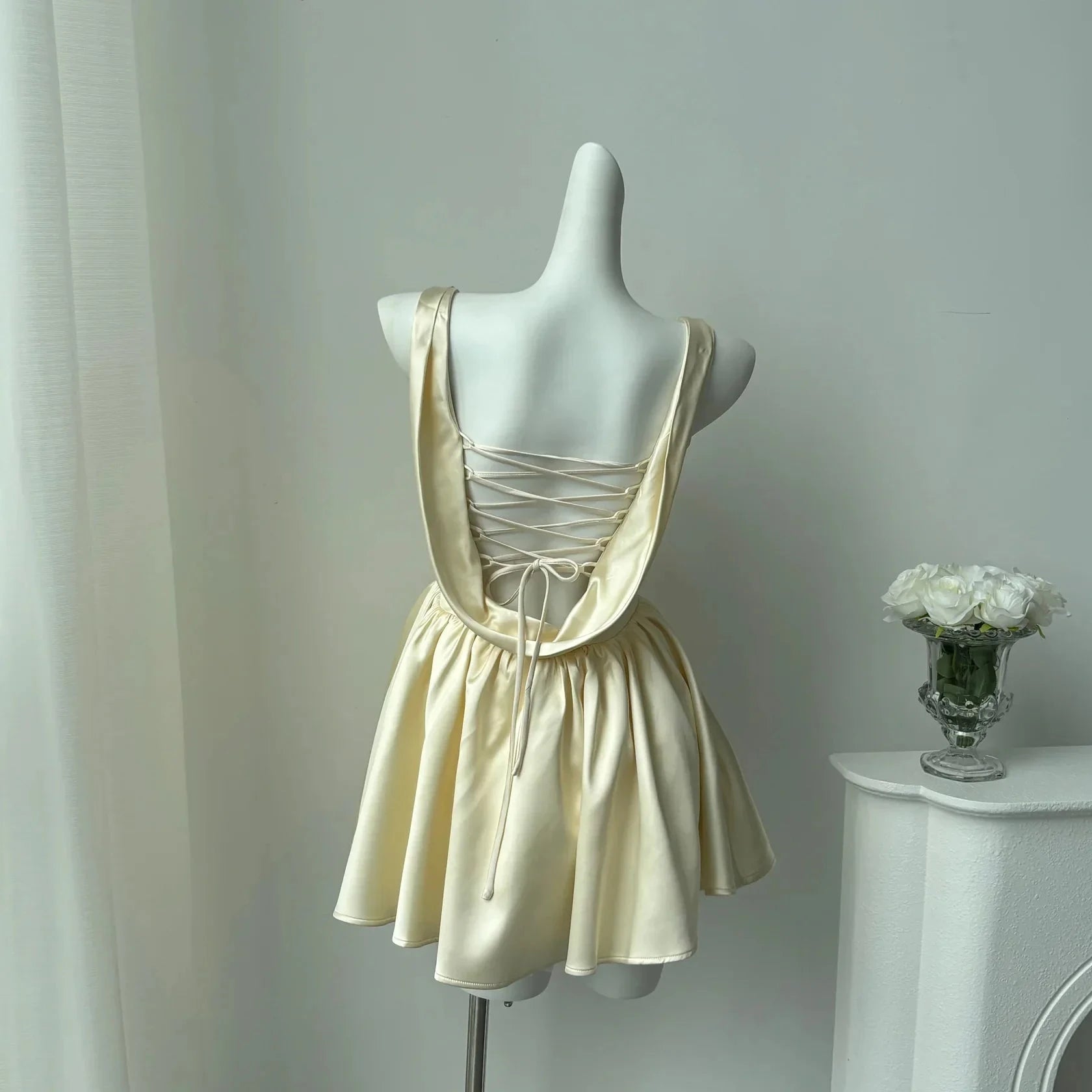 Pretty A line Square Neck Champagne Satin Formal Homecoming Dresses Short 16th Birthday Outfits Graduation Dress Mini Cocktail Dresses by YiHuiw