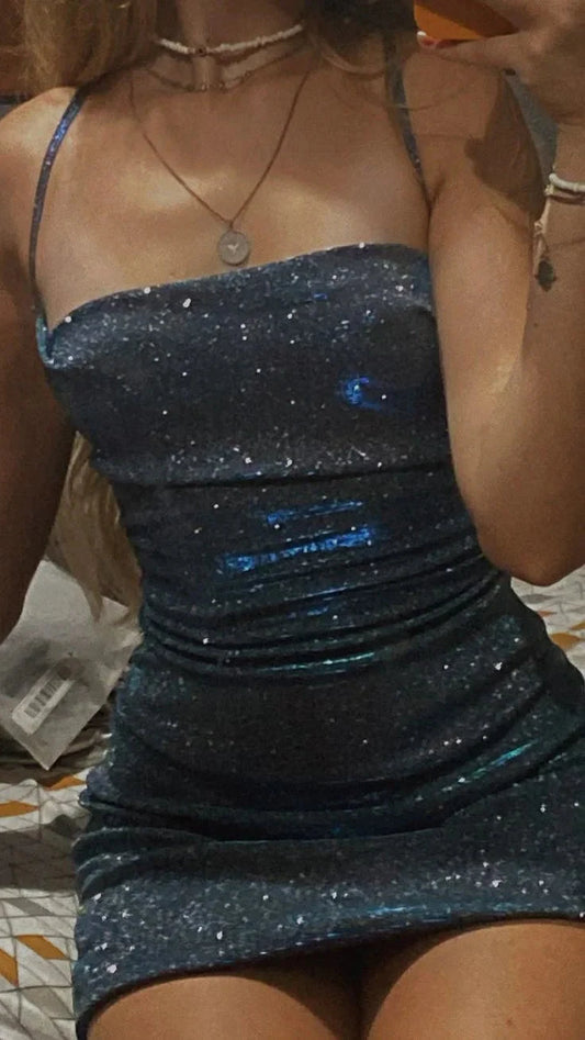 Pretty Sheath Spaghetti Straps Navy Blue Sequin Formal Homecoming Dresses Short 21st Birthday Outfits Graduation Dress Mini Cocktail Dresses by YiHuiw