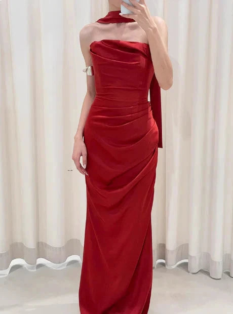 Pretty Sheath Strapless Burgundy Satin Prom Dresses Formal Summer Wedding Guest Dresses Wedding Guest Outfits With Scarf simple gentle atmospheric and unique desi Bring summer colors to enhance whiteness by YiHuiw