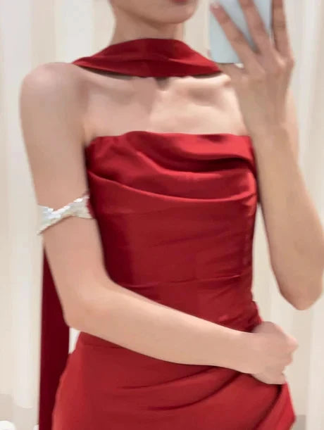 Pretty Sheath Strapless Burgundy Satin Prom Dresses Formal Summer Wedding Guest Dresses Wedding Guest Outfits With Scarf simple gentle atmospheric and unique desi Bring summer colors to enhance whiteness by YiHuiw