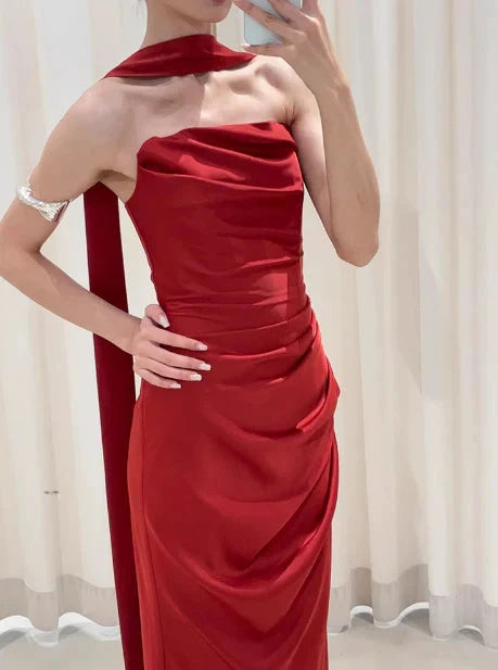 Pretty Sheath Strapless Burgundy Satin Prom Dresses Formal Summer Wedding Guest Dresses Wedding Guest Outfits With Scarf simple gentle atmospheric and unique desi Bring summer colors to enhance whiteness by YiHuiw