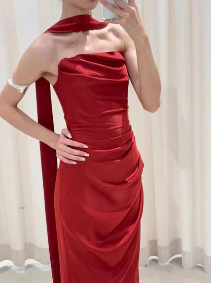 Pretty Sheath Strapless Burgundy Satin Prom Dresses Formal Summer Wedding Guest Dresses Wedding Guest Outfits With Scarf simple gentle atmospheric and unique desi Bring summer colors to enhance whiteness by YiHuiw