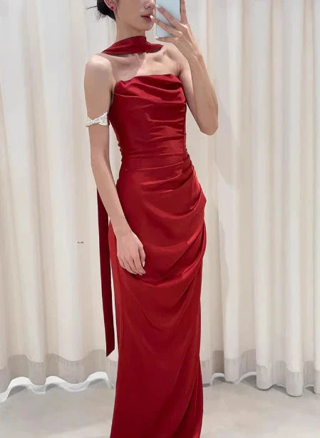 Pretty Sheath Strapless Burgundy Satin Prom Dresses Formal Summer Wedding Guest Dresses Wedding Guest Outfits With Scarf simple gentle atmospheric and unique desi Bring summer colors to enhance whiteness by YiHuiw