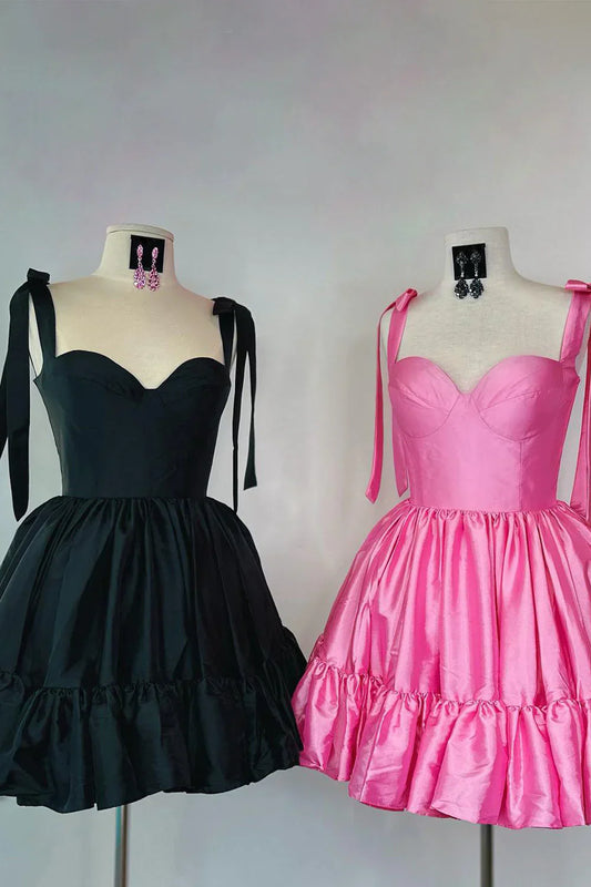 Hot Pink Satin Homecoming Dress with Spaghetti Straps and Flared Skirt – Cute Fit and Flare Cocktail Mini Dress