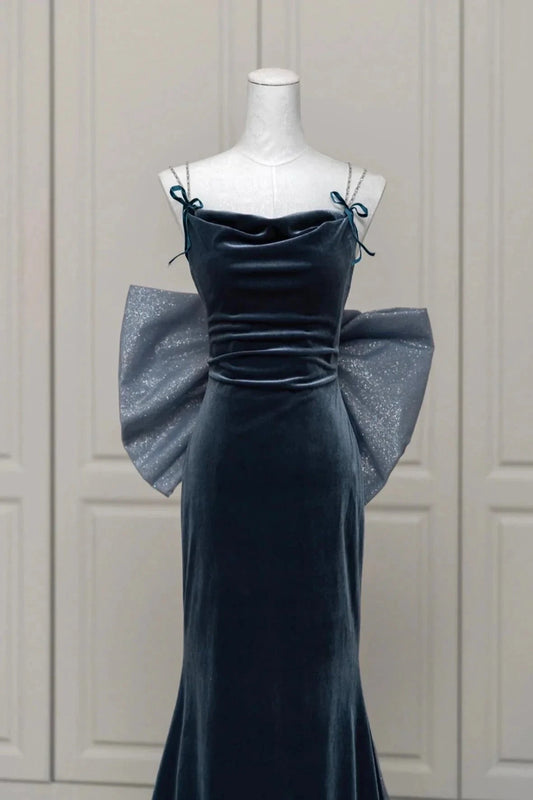 Velvet Blue Prom Dress Mermaid Backless Evening Party Dress with Bow simple gentle atmospheric and unique desi Brin by YiHuiw