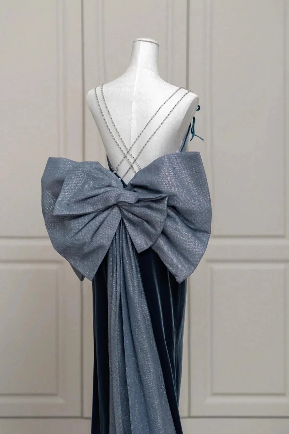 Velvet Blue Prom Dress Mermaid Backless Evening Party Dress with Bow simple gentle atmospheric and unique desi Brin by YiHuiw