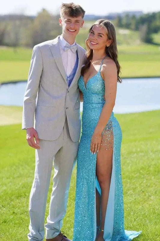 Prom Dresses Aqua Sequin Spaghetti Strap Crisscross Back High Slit Mermaid Gown by JiMiss Dresses