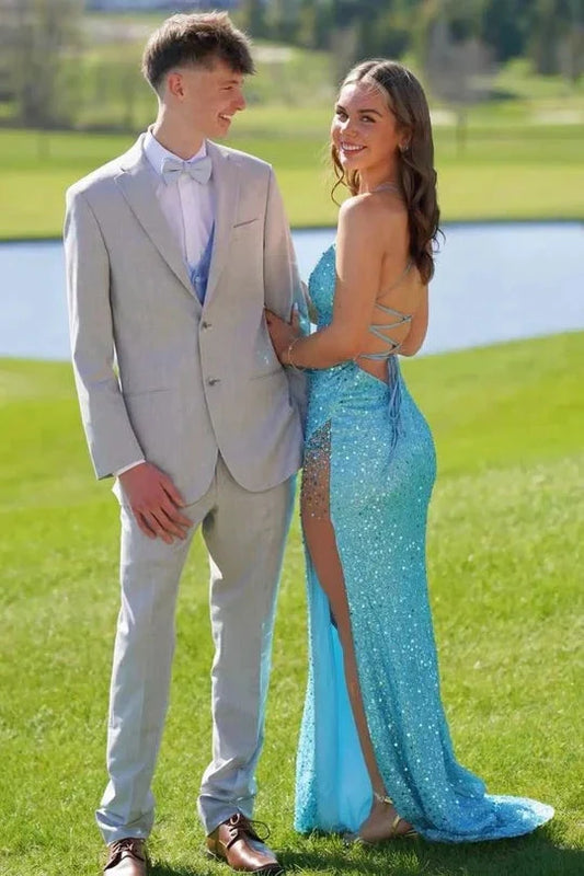Prom Dresses Aqua Sequin Spaghetti Strap Crisscross Back High Slit Mermaid Gown by JiMiss Dresses