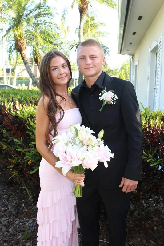 Prom Dresses Blush Pink Strapless Ruched Tiered Ruffle High Slit Mermaid Gown by JiMiss Dresses